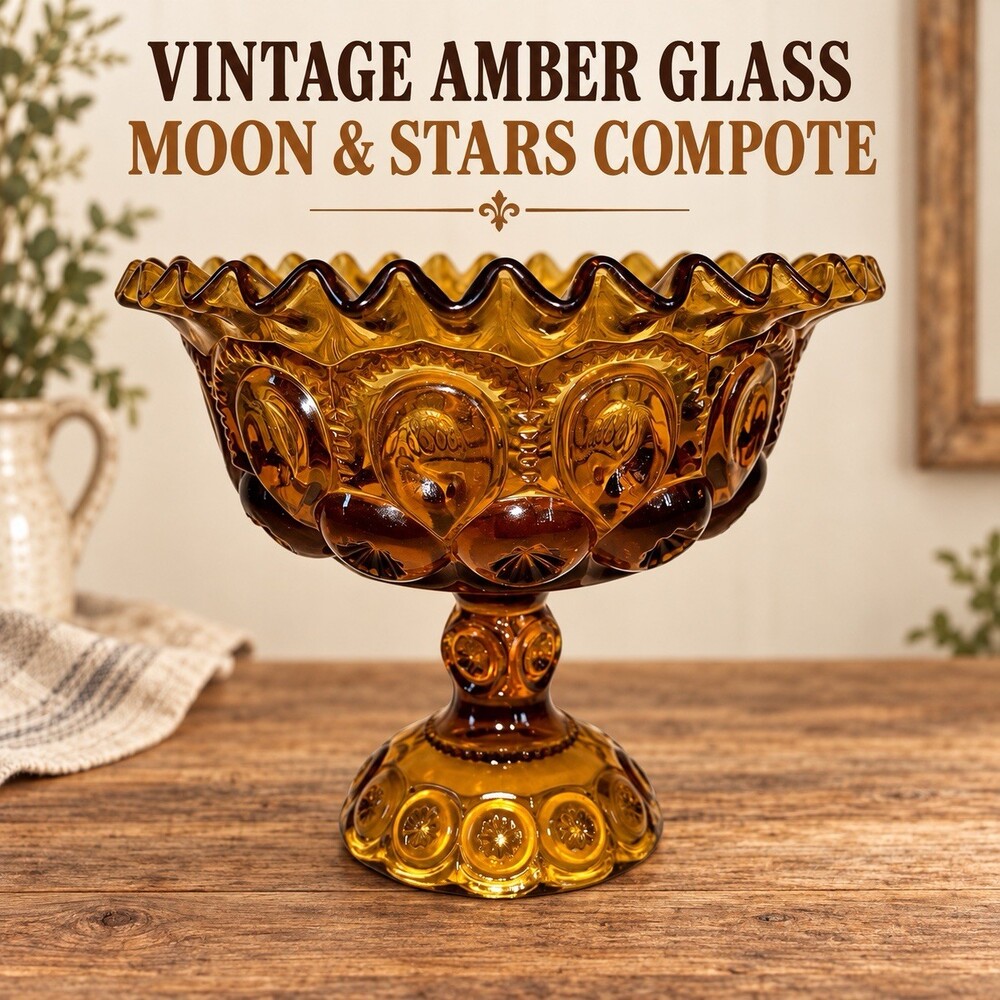 Vintage L.E. Smith Amber Moon & Stars Pedestal Compote Ruffled Bowl 8.5”